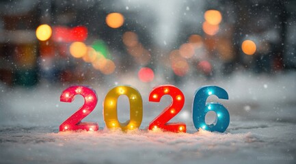 Colorful illuminated numbers 2026 displayed in the snow on a winter street during snowfall, creating a festive atmosphere