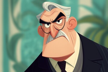 Elderly Man Animated Character with Stern Expression in Cartoon Style: Mustachioed and Formal in Bold Colors for Whimsy and Humor