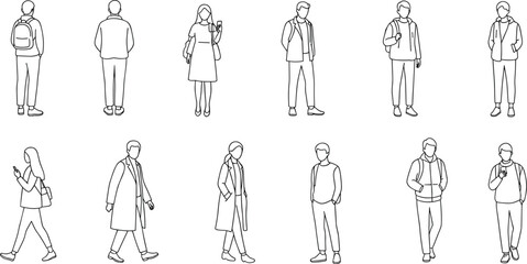 cad drawing flat vector illustration, people outline, walking figures, standing characters, business attire, casual clothing, urban lifestyle, fashion design, office worker, student character 