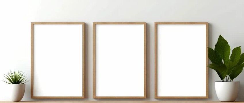 Decorative frames displayed on a shelf along with potted plants in a bright room