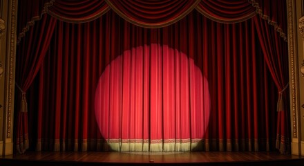 Majestic red theater curtains illuminated by a single spotlight, awaiting the performance.