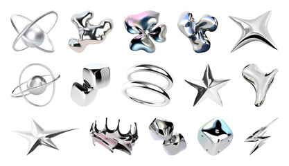 PNG Abstract metallic 3D shapes collection, element set on transparent background