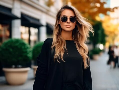 Stylish woman walking down city street in autumn with sunglasses on, showcasing trendy fashion and seasonal beauty