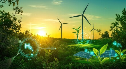 Renewable energy sources like wind turbines and solar panels are depicted in a lush green landscape at sunset, symbolizing a sustainable future with hydrogen power.