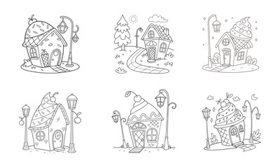 set of hand drawn cute cartoon style ice cream and cupcake houses  illustrations for kids coloring book 