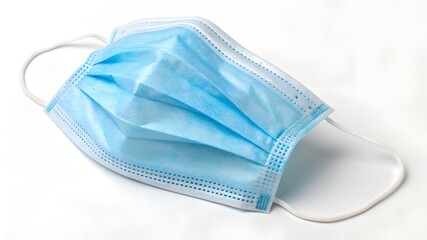 Blue disposable face mask with white ear loops isolated on white surface 
