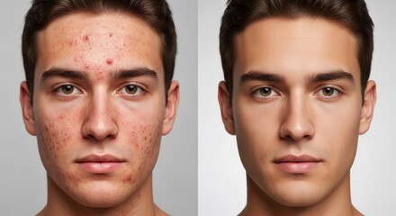 Before and after image showing a man's face with acne and then clear skin after treatment.