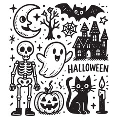 Halloween doodles with ghost, skeleton, and haunted house  coloring, coloring book, coloring page