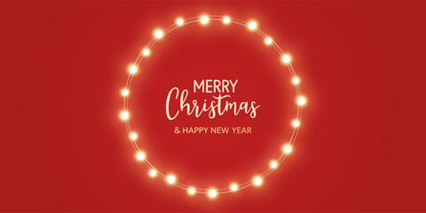 Christmas gold light circle frame. Fairy bulb red banner. New Year luxury string garland. Winter party background. Led neon baubles. Festive border. Glow lamp bg. Glitter bright. Vector illustration