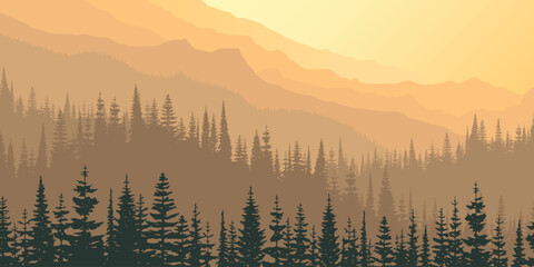 Obraz premium Sunrise in the forested mountains, morning fog, bright light