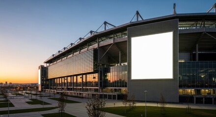 Modern stadium exterior at dawn, featuring a large blank billboard on the side.