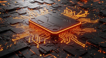 Close-up view of a glowing orange central processing unit (CPU) on a complex circuit board, representing advanced technology and data processing.