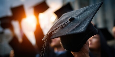 Close-up of graduation cap with blurred background of graduates celebrating.