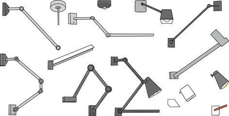 Wall lamp, ceiling lamp, modern light fixture, adjustable lamp, interior lighting, architectural element, furniture decor, cad drawing flat vector illustration
