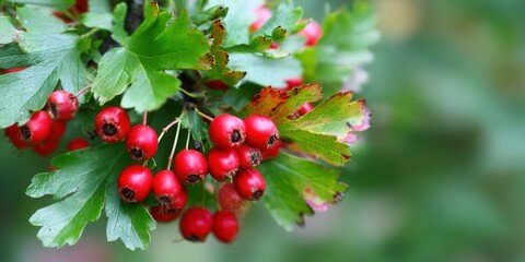 Obraz premium Red hawthorn berries burst with color in a detailed close-up shot, showcasing autumn's beauty.
