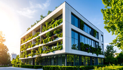 Sustainable modern office building exterior with vertical gardens and extensive greenery, illustrating green architecture in a city park setting