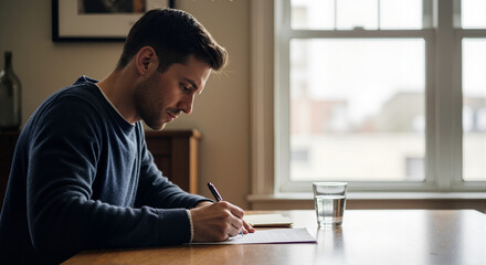 On election day, man fills out ballot paper at table near window, emphasizing importance of civic duty. Completing ballot paper on election day, citizen marks choice on voting form.