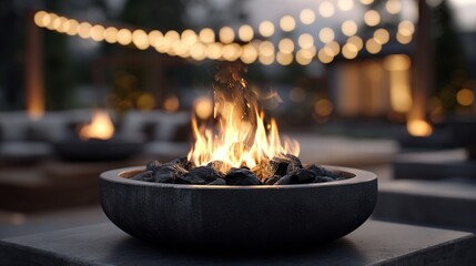 Contemporary fire pit close-up with warm flames, minimalist seating, and soft string lights — cozy outdoor evening ambience for patio, garden party, or modern backyard decor background