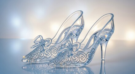 Pair of glass Cinderella's glass slippers, ornate and elegant.