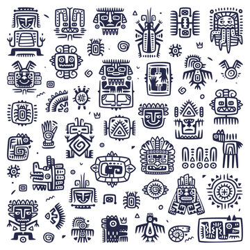 Maya Civilization Symbols and Primitive Traditional Sign Vector Set