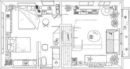 Apartment floor plan, modern interior design, living room, bedroom, kitchen layout, architectural blueprint, home furniture arrangement, cad drawing flat vector illustration