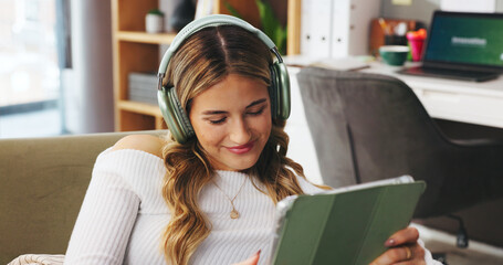 Smile, woman and ebook in home with technology, headphones and course for education. Happy, digital and online learning for university student with tablet, audio and research for career opportunity.