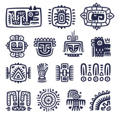 Obraz premium Maya Civilization Symbols and Primitive Traditional Sign Vector Set