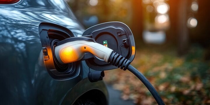 An electric vehicle is being charged with the charging cable plugged into its port.