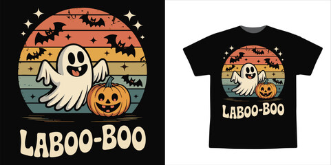 Cute Halloween Ghost Bunny with Pumpkin and Retro Sunset Background – Funny Laboo-Boo Typography T-Shirt Design Vector