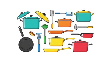 Colorful illustration of various kitchenware items including pots, pans, lids, and cooking utensils arranged on a white background.