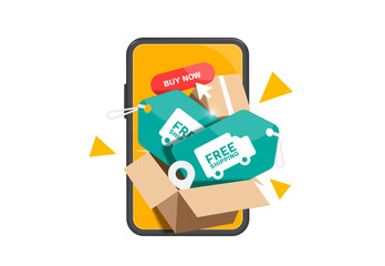 Green free shipping promotion sign is placed in parcel box or cardboard box with  pin to indicate delivery location to customer. all placed front of smartphone, vector 3d isolated for online shopping