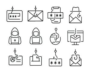 Fototapeta premium Set of outline icons related to scam, phishing. Linear icon collection