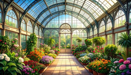 Colorful conservatory filled with flowers