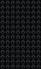 black background vector with repeating white line art style cat footprints on a vertical background
