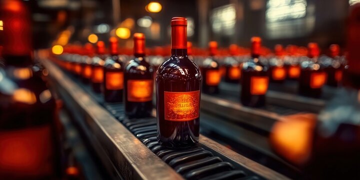 Wine bottles on a conveyor belt in a winery, ready for distribution and sale. - Powered by Adobe