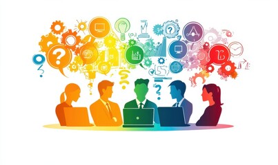 Team brainstorming with colorful abstract illustrations of ideas and collaboration