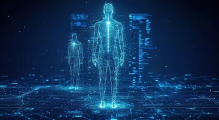 Digital human silhouette with futuristic data interface and technology elements