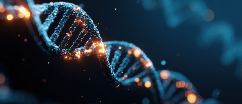 A close - up of a glowing DNA double - helix structure with sparkling lights against a dark background, representing genetics and molecular biology.