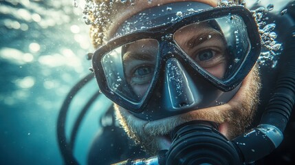 Close-up of a diver exploring underwater with a scuba mask and equipment