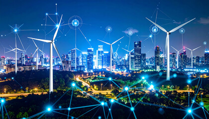A futuristic smart city skyline at night, integrating renewable energy from wind turbines with a glowing digital network for sustainable urban infrastructure and global connectivity