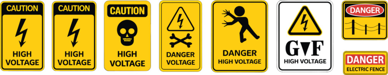 High voltage danger sign vector illustration with caution electricity hazard, shock warning, skull symbol and electric fence label isolated yellow safety design set