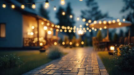 Blurred garden patio at dusk, lit by warm string lights — cozy backyard terrace bokeh, evening outdoor ambience, festive lifestyle decor background with copy space