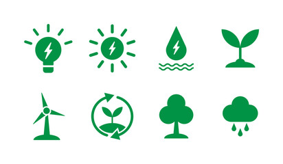 Icons set related to sustainable development, ecology and alternative clean energy sources.