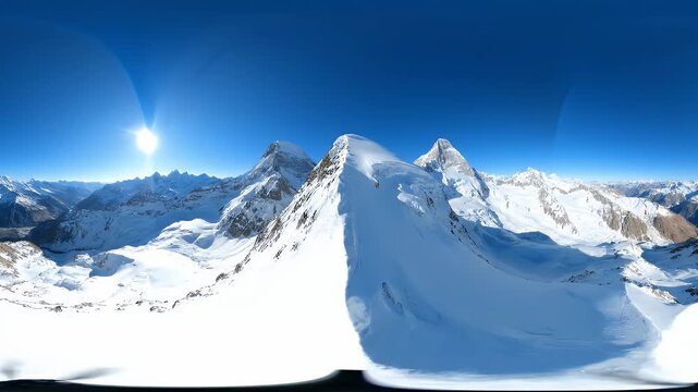 Cinematic 360-degree panorama capturing majestic snow-capped alpine peaks under a brilliant sun and vast, clear blue sky, evoking an epic sense of untouched wilderness and grand scale.