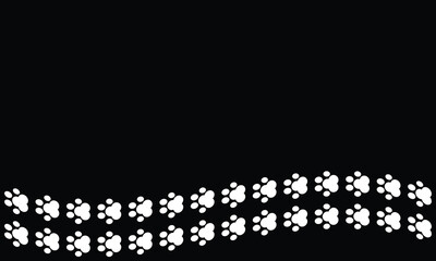 black background vector with white cat footprints on horizontal background with empty area for text or title