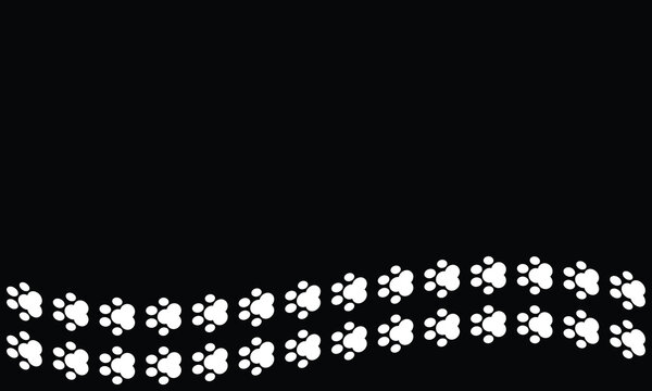 black background vector with white cat footprints on horizontal background with empty area for text or title