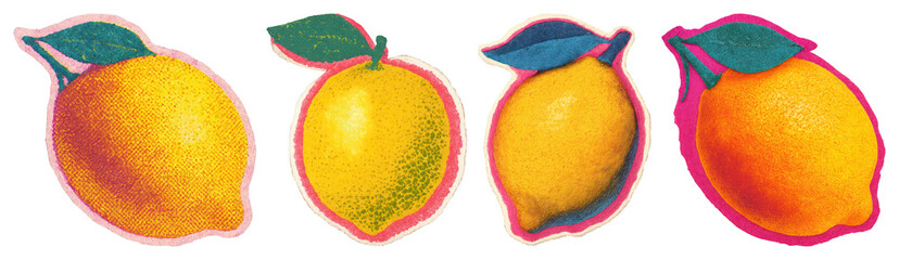 PNG Vibrant vintage lemons illustration, element set on transparent background © Rawpixel.com