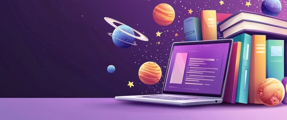 Illustration of a laptop with planets and books on a purple background