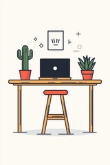 Minimalist workspace featuring a desk, laptop, plants, and modern decor elements