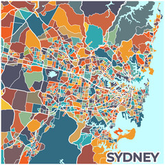 Sydney, Australia: A vibrant and detailed map showcasing the iconic cityscape with its iconic blue harbor and lush green parks, rendered in a stunning palette of orange, teal, and muted greens.